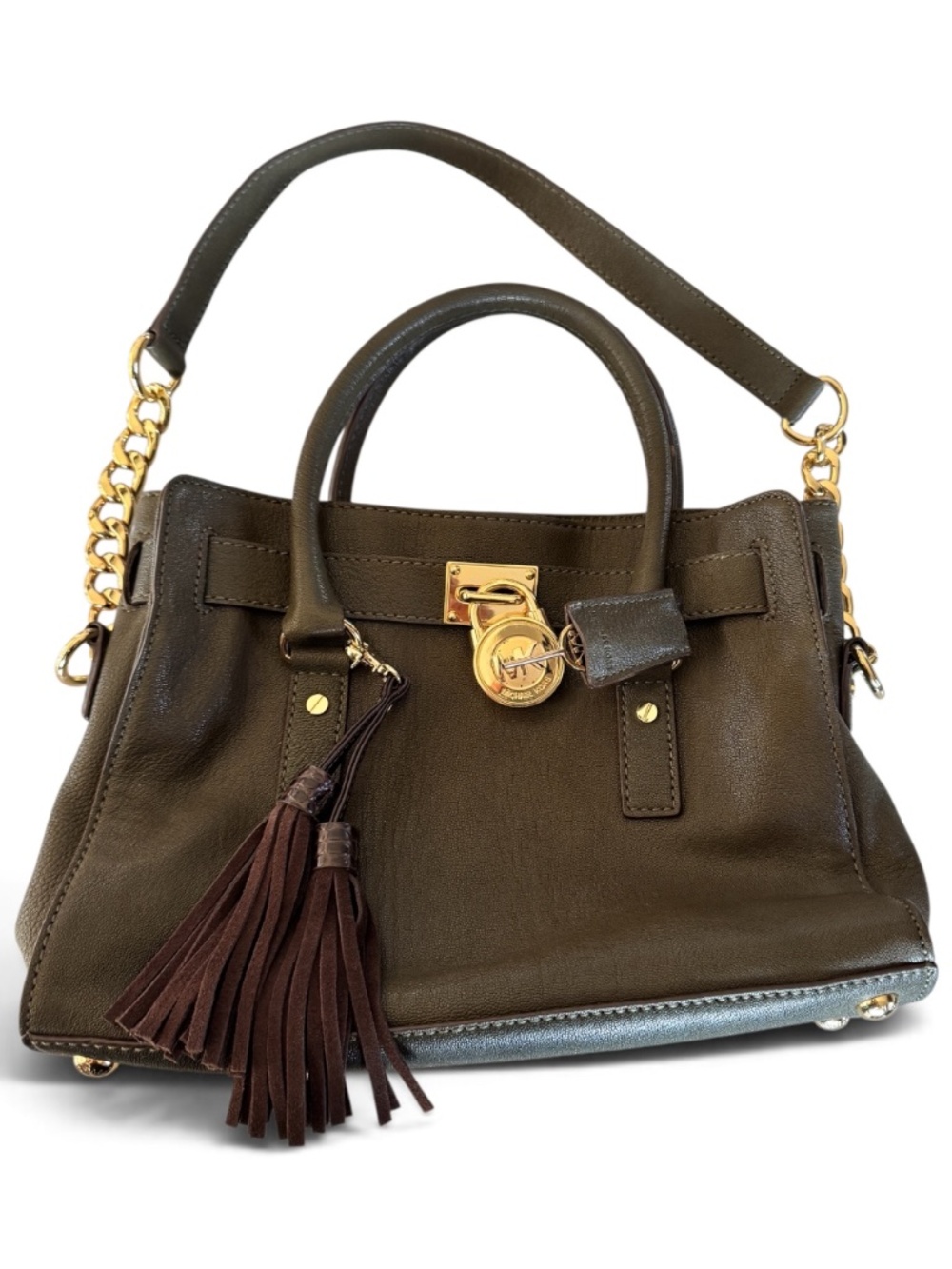 Michael Kors Hamilton Olive Green Leather Satchel Lock Key